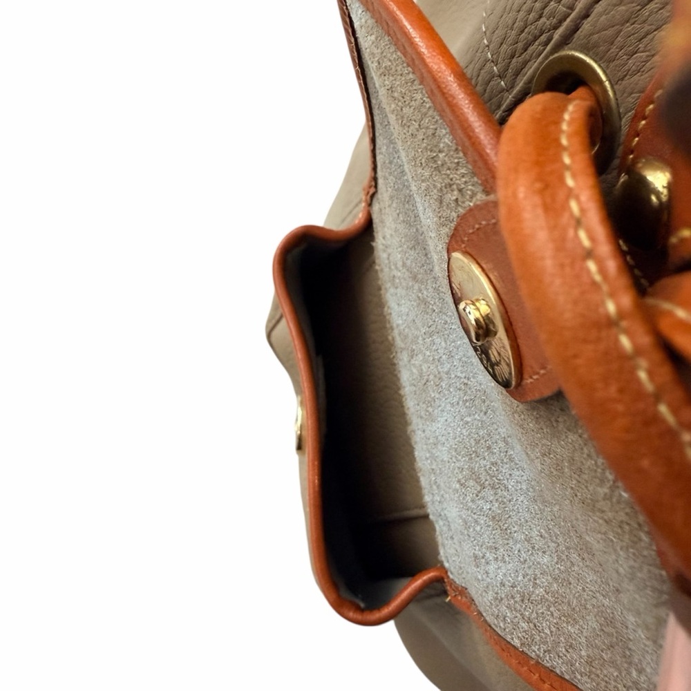 Vintage Dooney & Bourke AWL Bucket Bag Taupe Tan Leather Duck Logo Drawstring - Picture 12 of 13